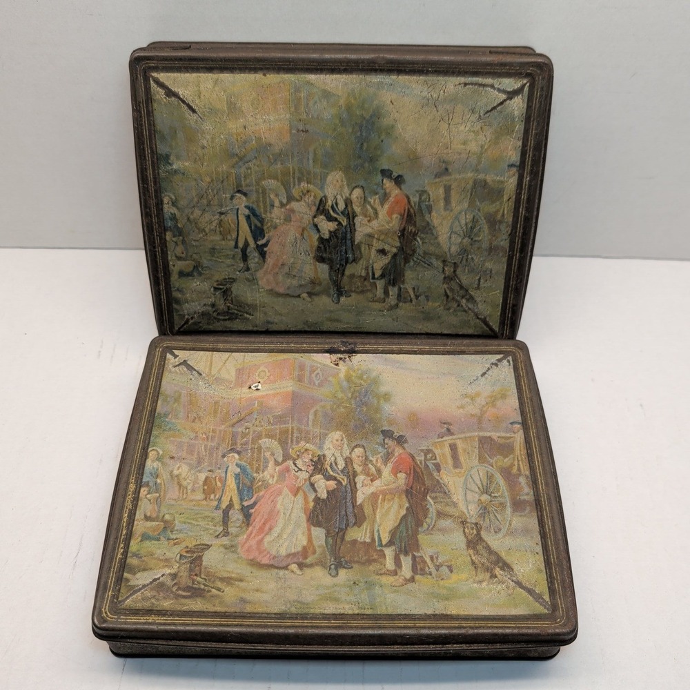 Vintage TINDECO Metal Tins Colonial Scene Set of 2 Rectangle 8x6